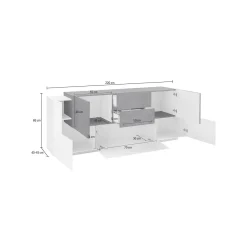 Credenza Akirum, cm 220x45h86, Bianco lucido e Ardesia<Dmora Best