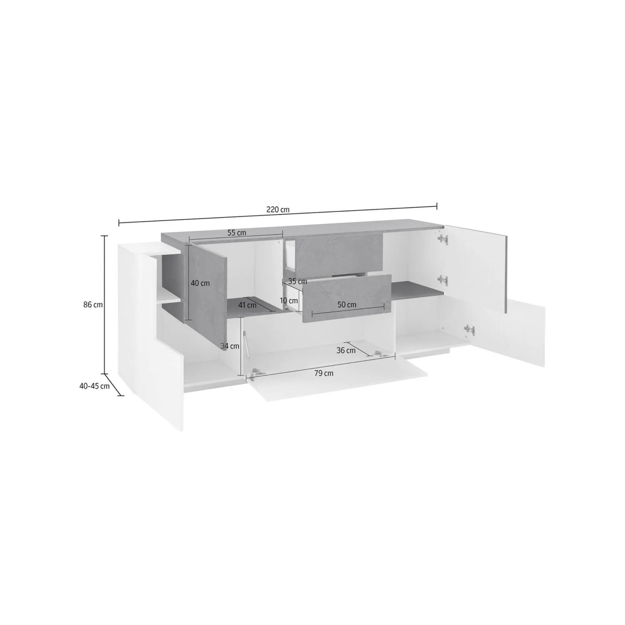 Credenza Akirum, cm 220x45h86, Bianco lucido e Ardesia<Dmora Best