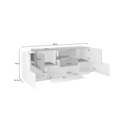Credenza Akirum, cm 220x45h86, Bianco lucido e Acero<Dmora Fashion