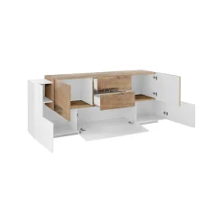 Credenza Akirum, cm 220x45h86, Bianco lucido e Acero<Dmora Fashion