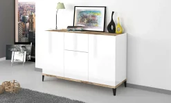 Credenza Albatross, cm 120x40h82, Bianco lucido e Acero<Dmora Shop