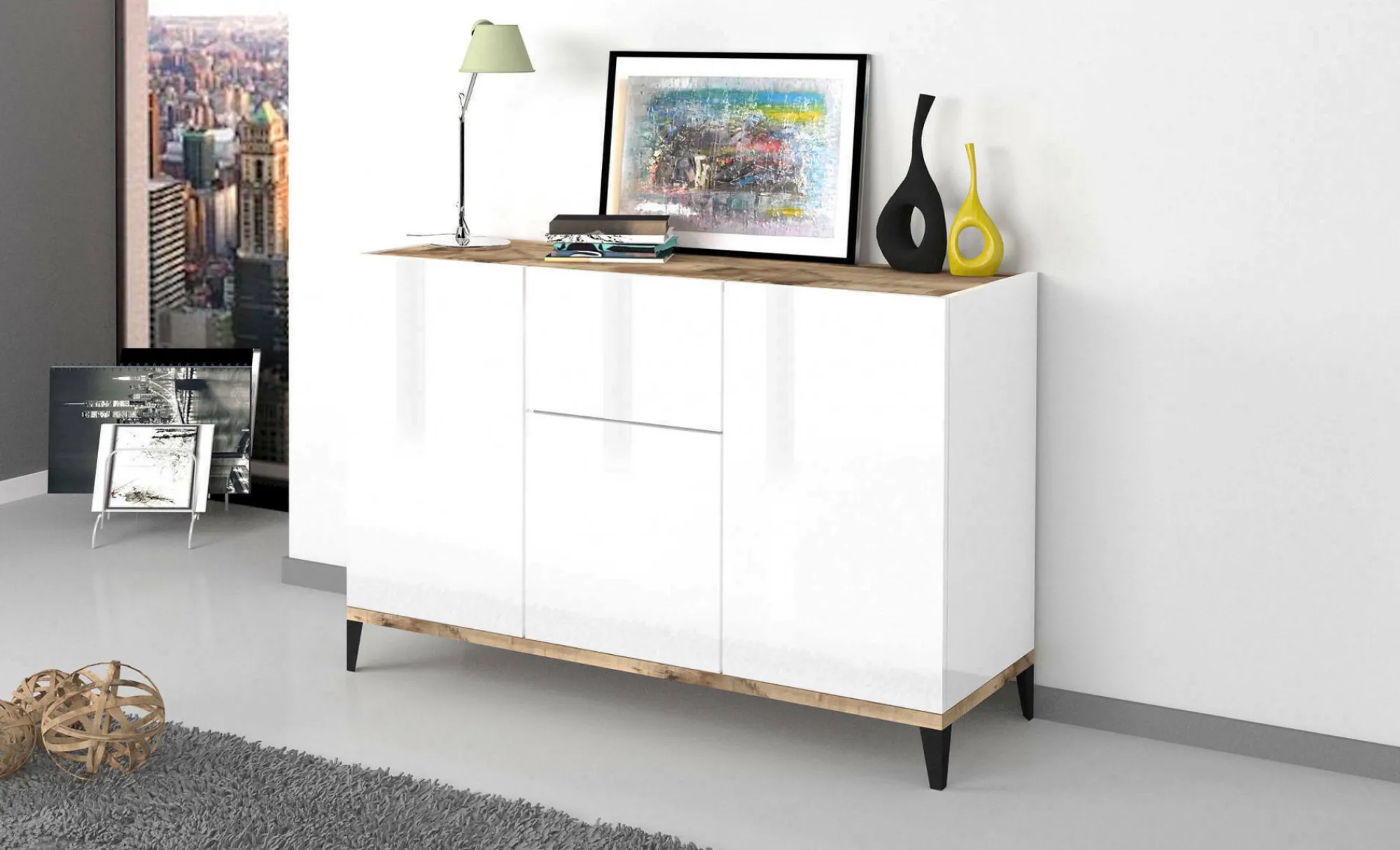Credenza Albatross, cm 120x40h82, Bianco lucido e Acero<Dmora Shop
