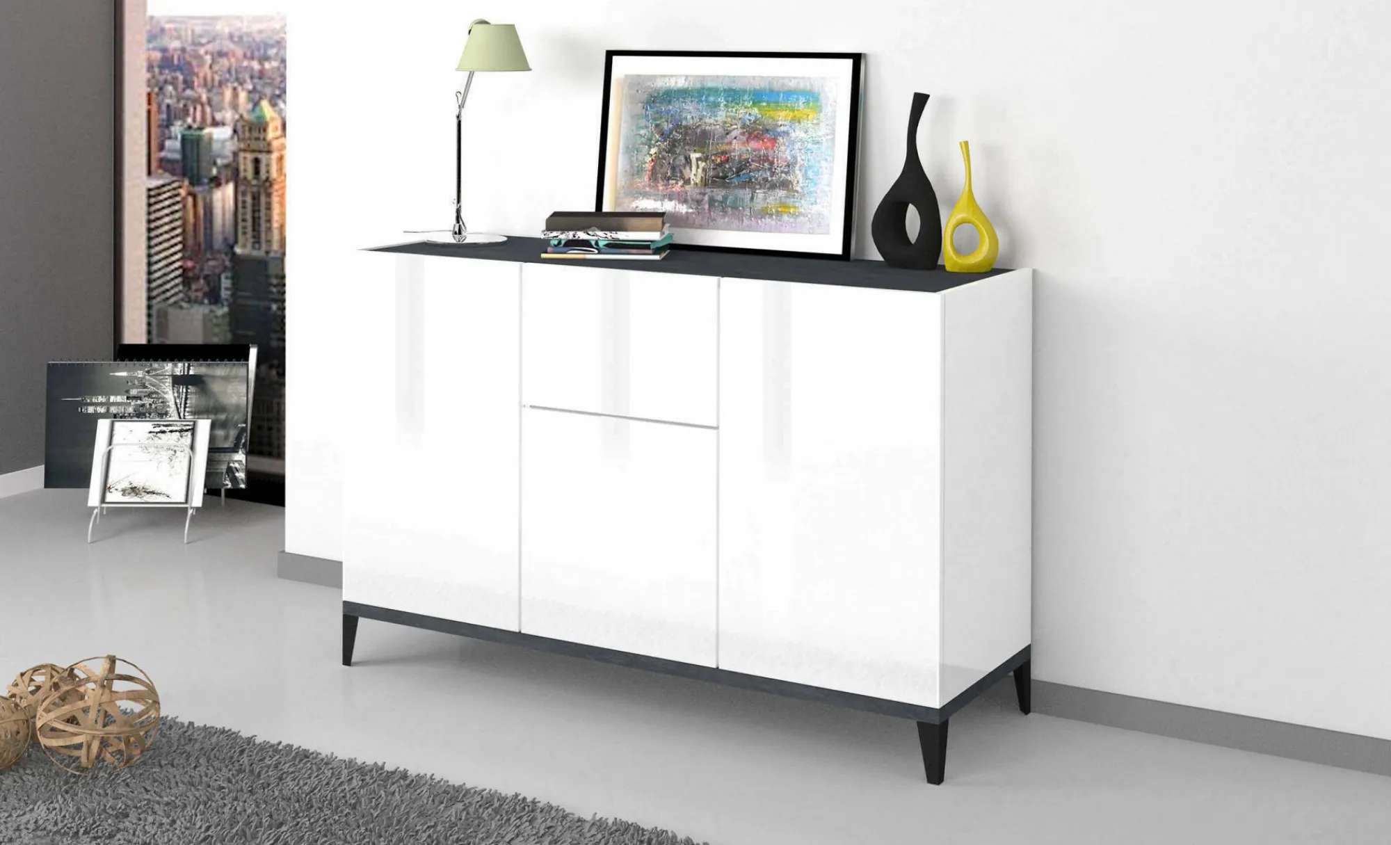 Credenza Albatross, cm 120x40h82, Bianco lucido e Ardesia<Dmora Online