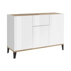 Credenza Albatross, cm 120x40h82, Bianco lucido e Acero<Dmora Shop