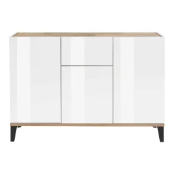 Credenza Albatross, cm 120x40h82, Bianco lucido e Acero<Dmora Shop