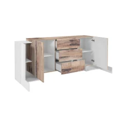 Credenza Alchemy, cm 210x45h85, Bianco lucido e Acero<Dmora Store