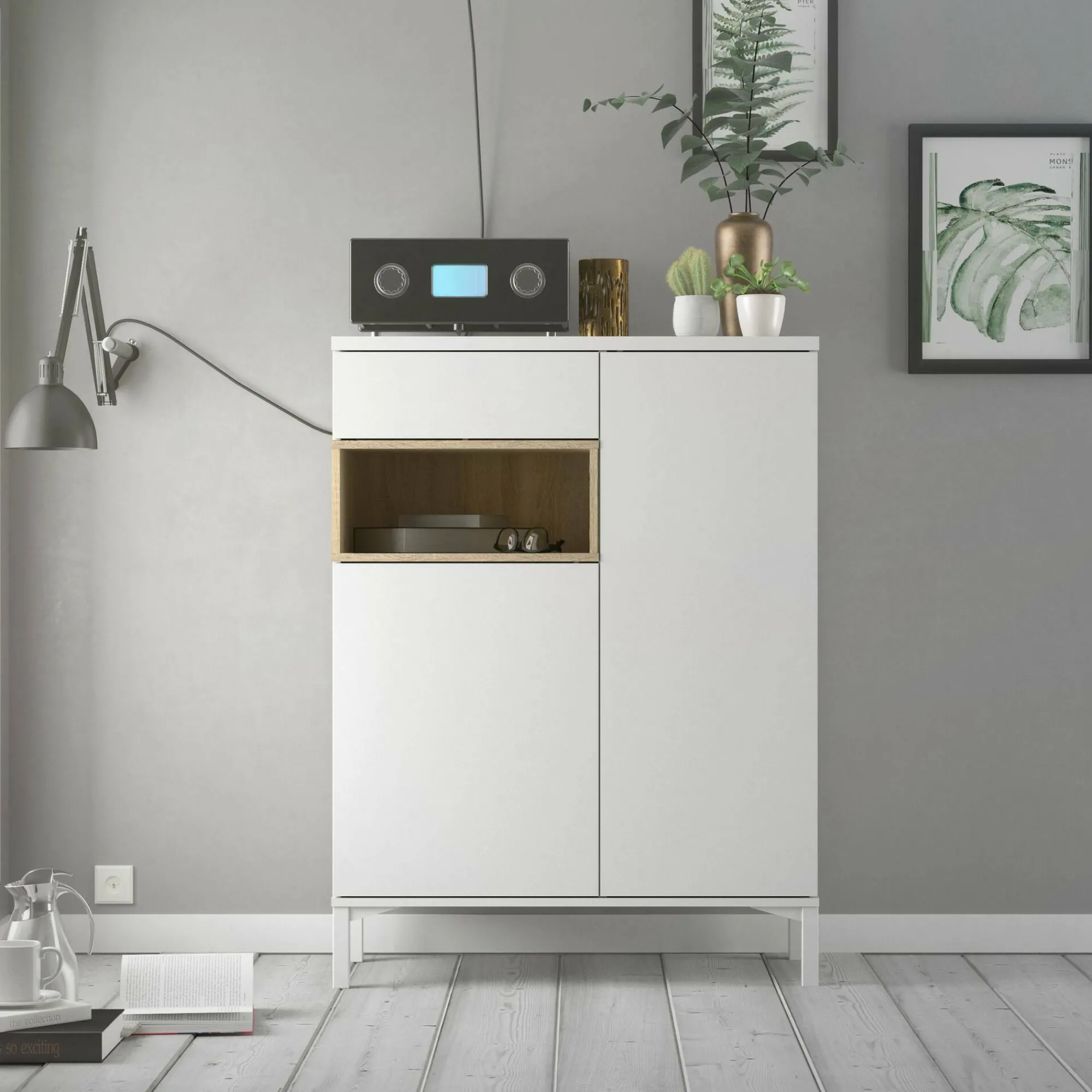 Credenza Alfra, 89x36 h119 cm, Bianco e Quercia<Dmora Store