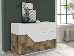 Credenza All, cm 141x43h86, Bianco lucido e Acero<Dmora Cheap