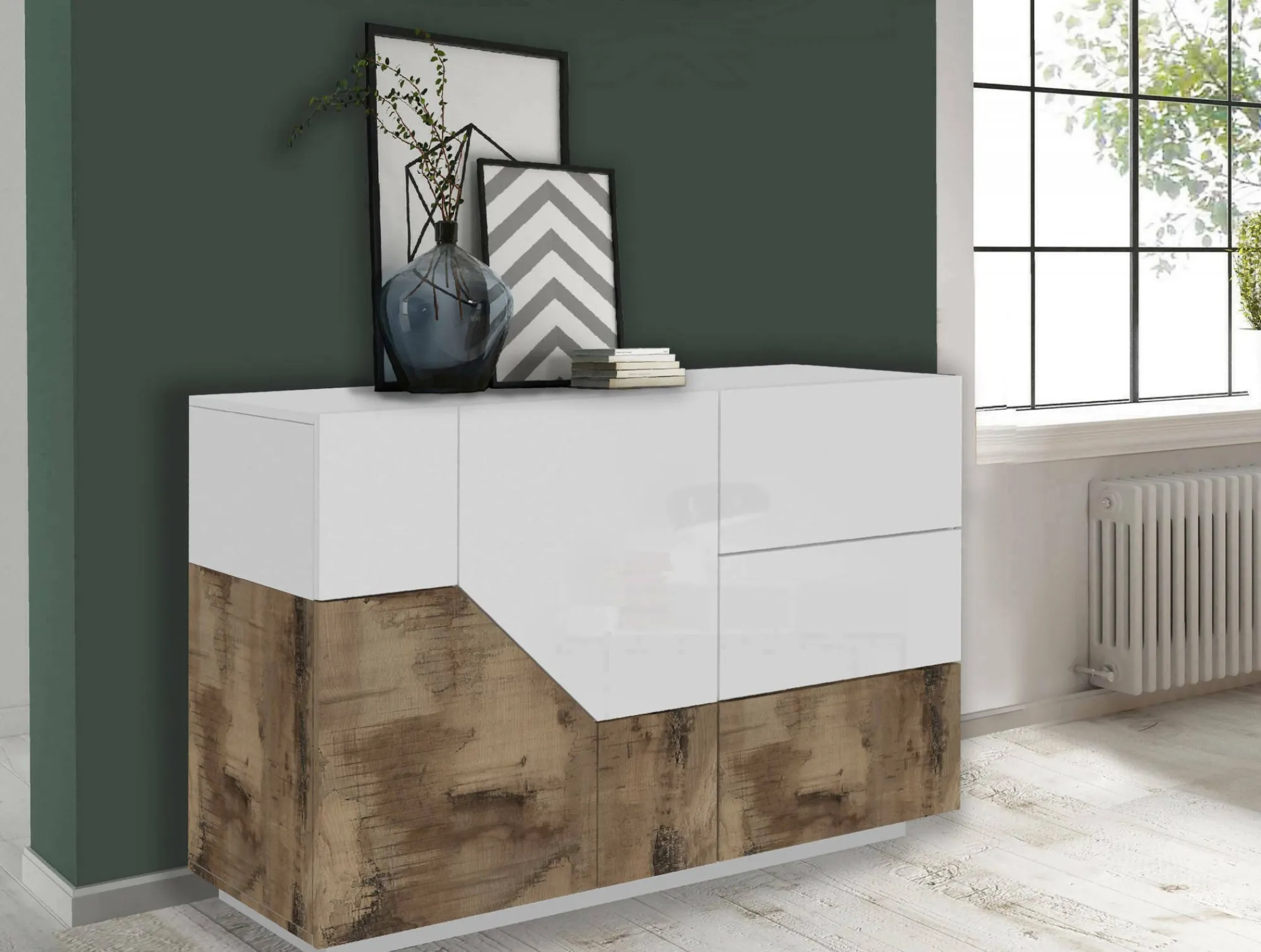 Credenza All, cm 141x43h86, Bianco lucido e Acero<Dmora Cheap