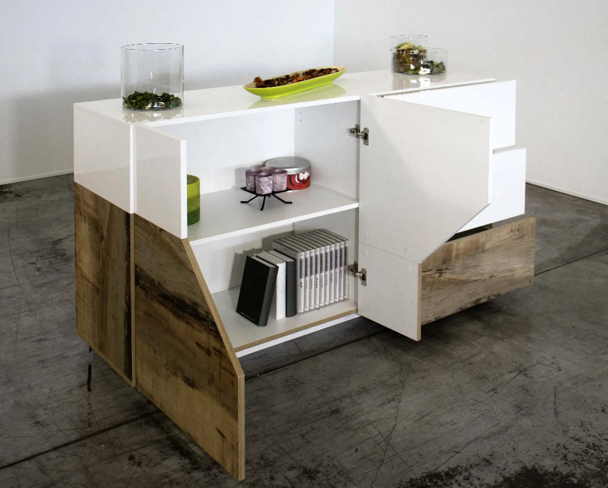 Credenza All, cm 141x43h86, Bianco lucido e Acero<Dmora Cheap
