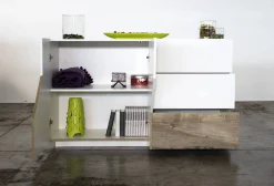 Credenza All, cm 141x43h86, Bianco lucido e Acero<Dmora Cheap
