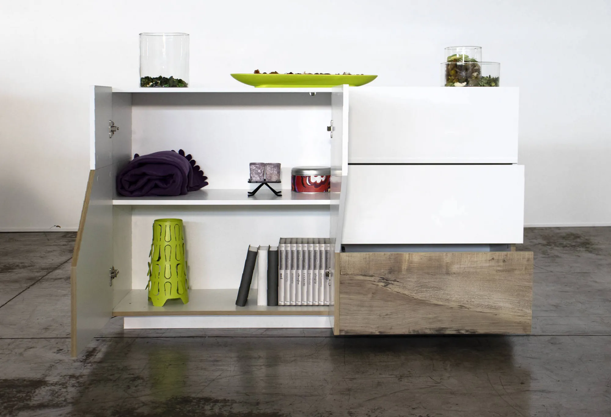 Credenza All, cm 141x43h86, Bianco lucido e Acero<Dmora Cheap