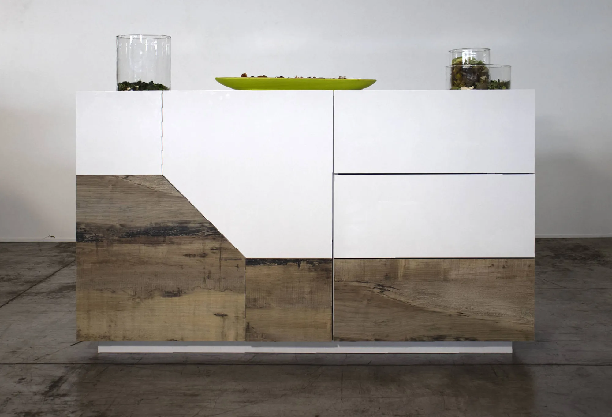 Credenza All, cm 141x43h86, Bianco lucido e Acero<Dmora Cheap