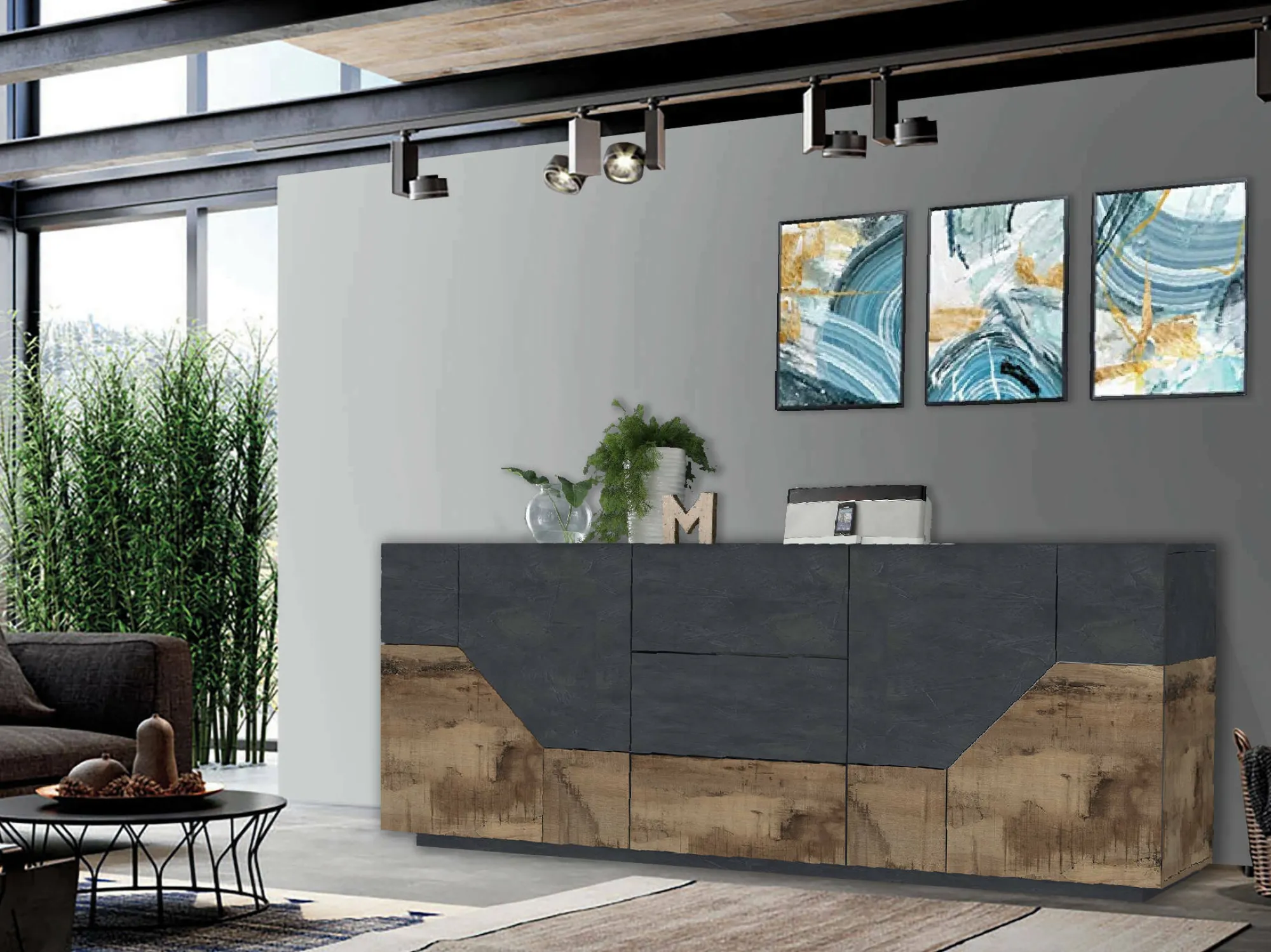 Credenza Almira, cm 220x43h86, Ardesia e Acero<Dmora Clearance