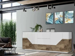 Credenza Almira, cm 220x43h86, Bianco lucido e Acero<Dmora Store