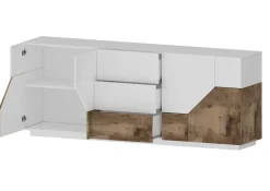 Credenza Almira, cm 220x43h86, Bianco lucido e Acero<Dmora Store