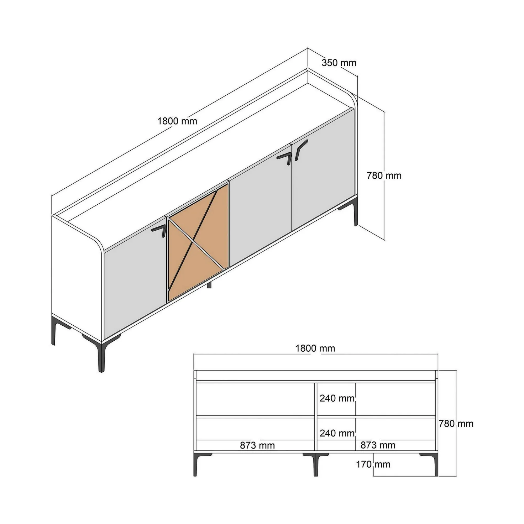 Credenza Also, 180x35h78 cm, Noce e Bianco<Dmora Best Sale
