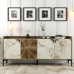 Credenza Also, 180x35h78 cm, Noce e Bianco Marmo<Dmora Best Sale