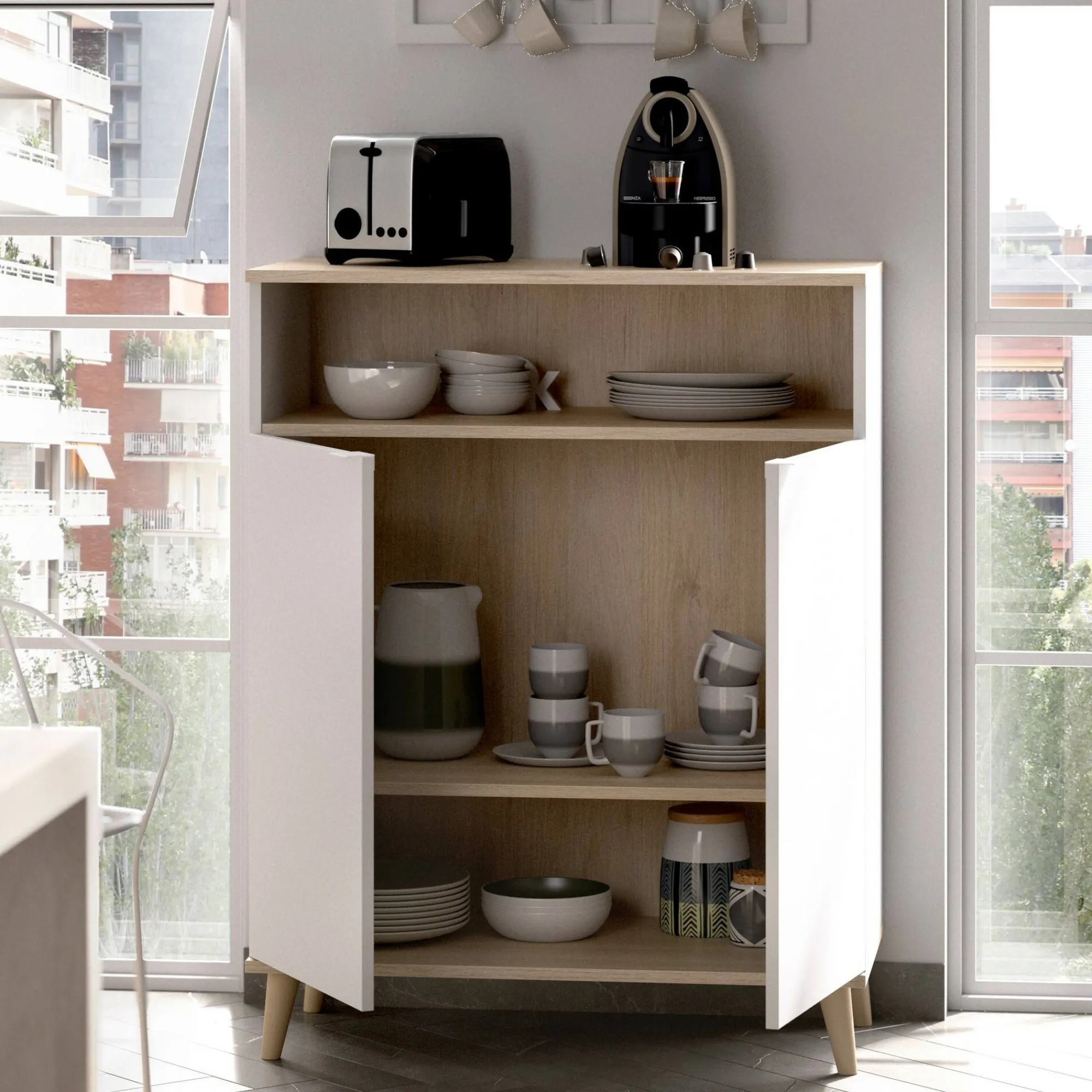 Credenza Altai, 80x40h102 cm, Bianco e Rovere<Dmora Store