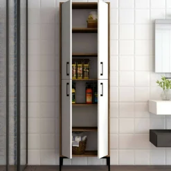 Credenza Amata, 60x35h200 cm, Noce e Bianco<Dmora Clearance