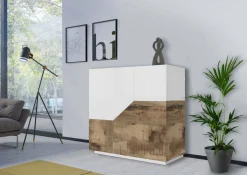 Credenza Amento, cm 79x43h86, Bianco lucido e Acero<Dmora Cheap