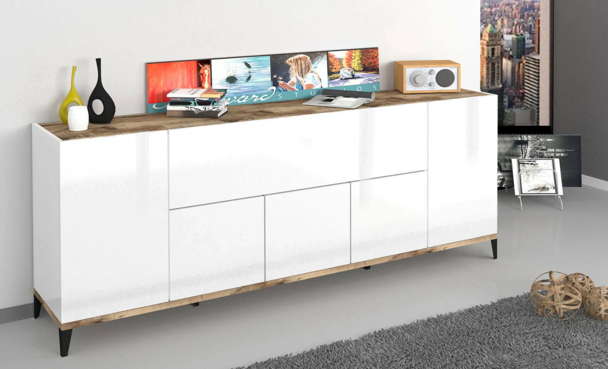Credenza Amour, cm 200x40h82, Bianco lucido e Acero<Dmora New