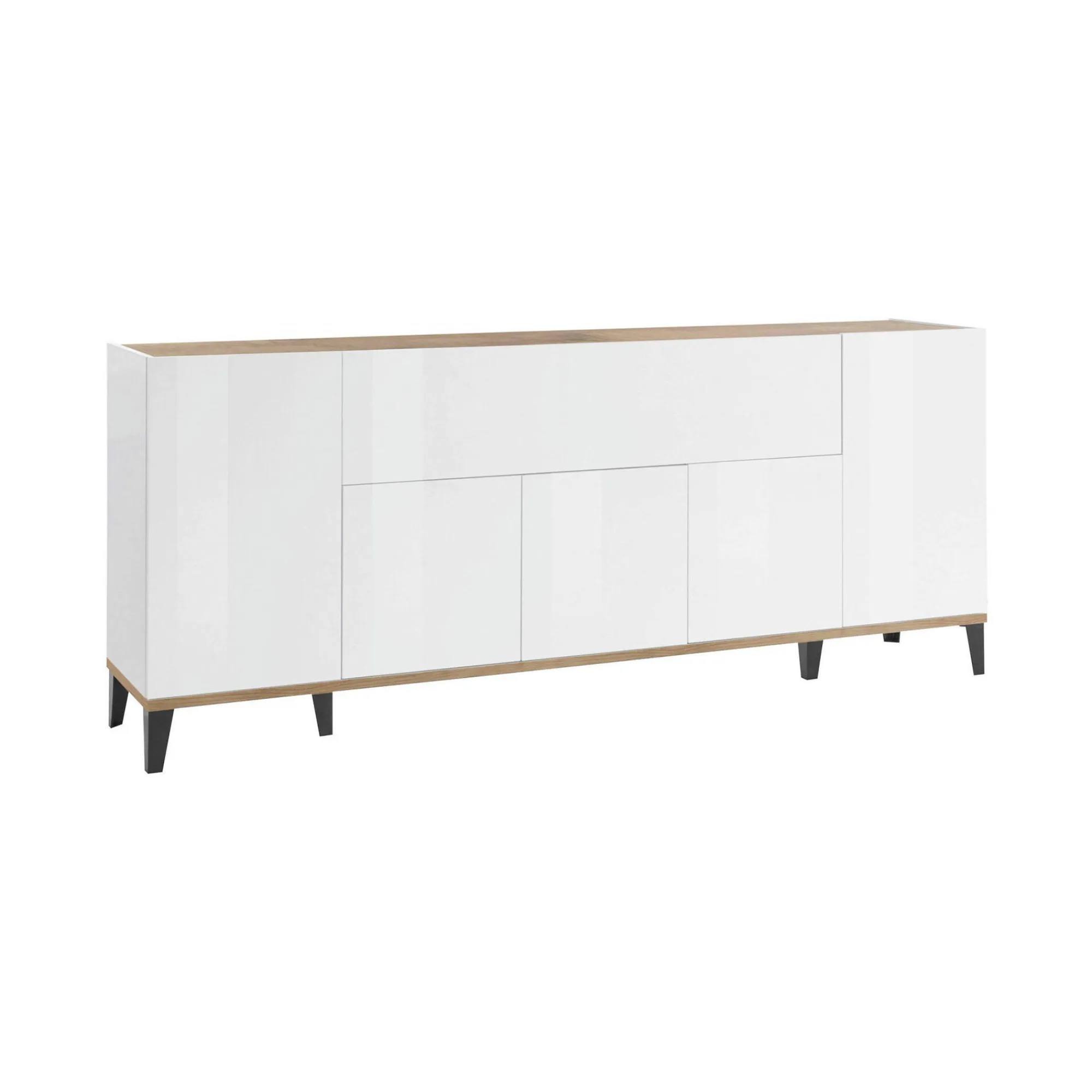 Credenza Amour, cm 200x40h82, Bianco lucido e Acero<Dmora New