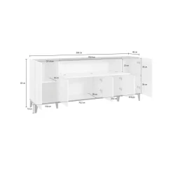 Credenza Amour, cm 200x40h82, Bianco lucido e Acero<Dmora New