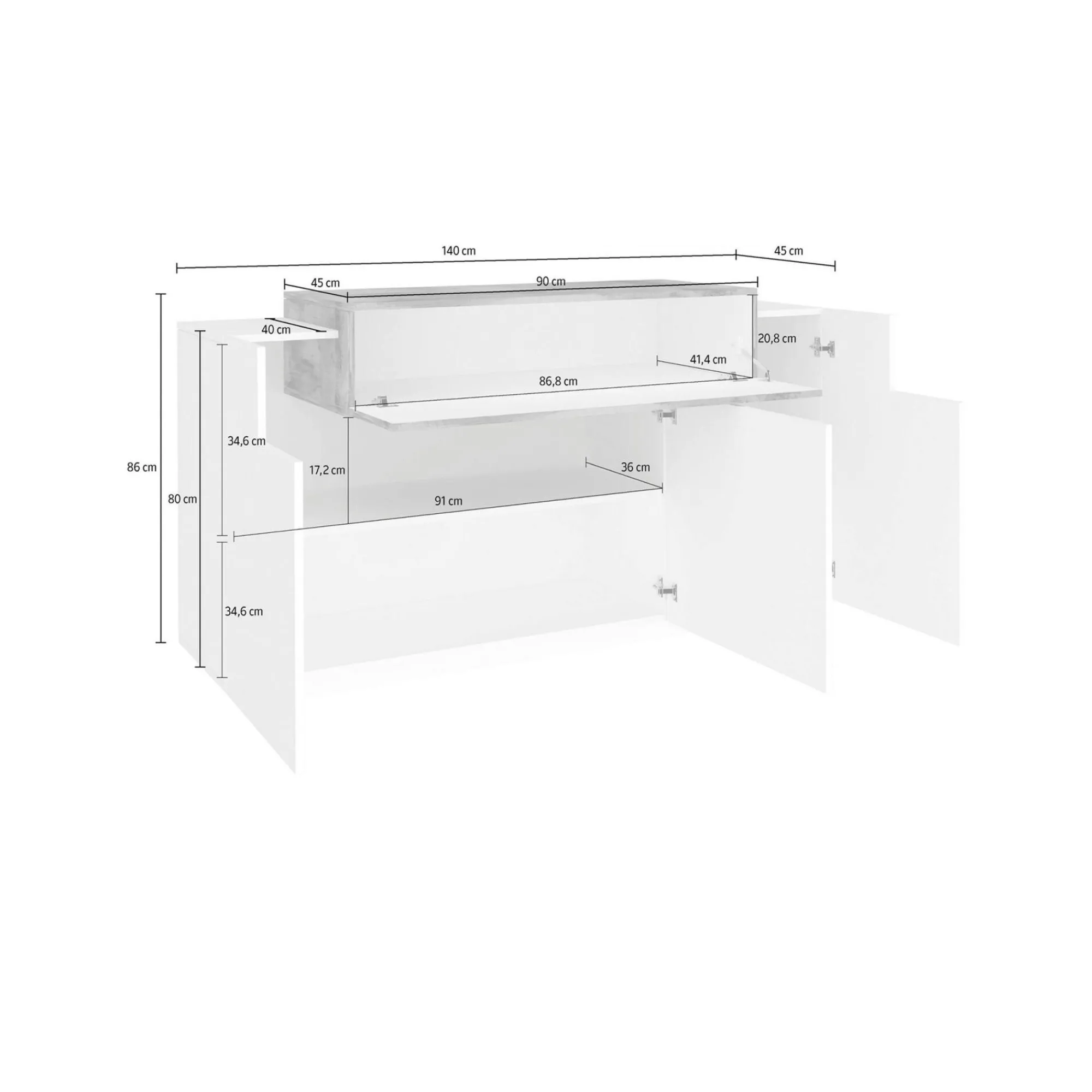 Credenza Angelis, cm 140x45h86, Bianco lucido e Acero<Dmora Best Sale