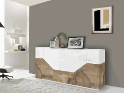 Credenza Ania, cm 200x43h86, Bianco lucido e Acero<Dmora Discount