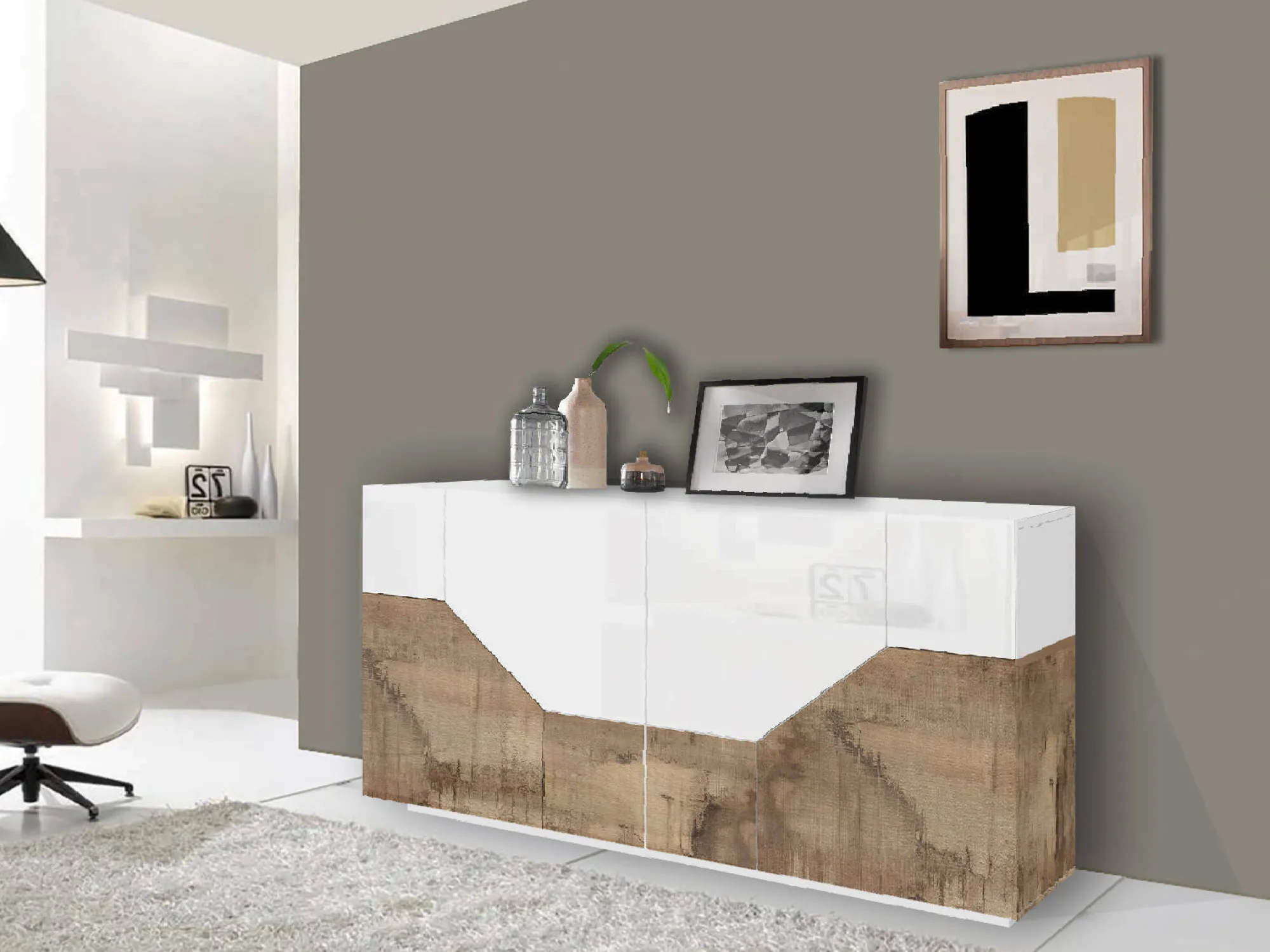 Credenza Ania, cm 200x43h86, Bianco lucido e Acero<Dmora Discount