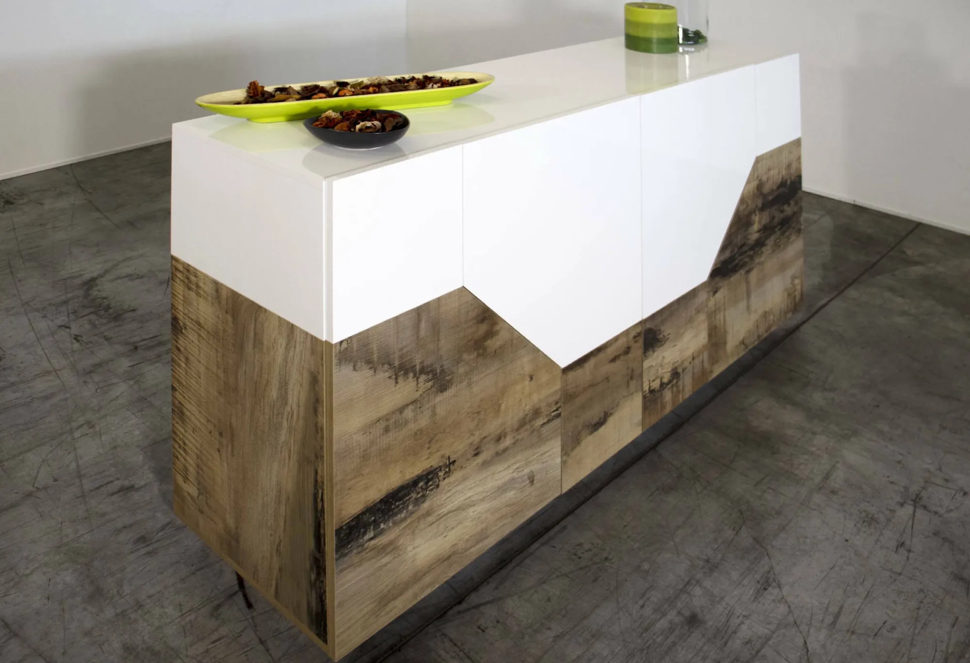 Credenza Ania, cm 200x43h86, Bianco lucido e Acero<Dmora Discount