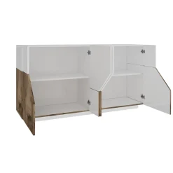 Credenza Ania, cm 200x43h86, Bianco lucido e Acero<Dmora Discount