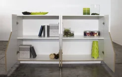 Credenza Ania, cm 200x43h86, Bianco lucido e Acero<Dmora Discount