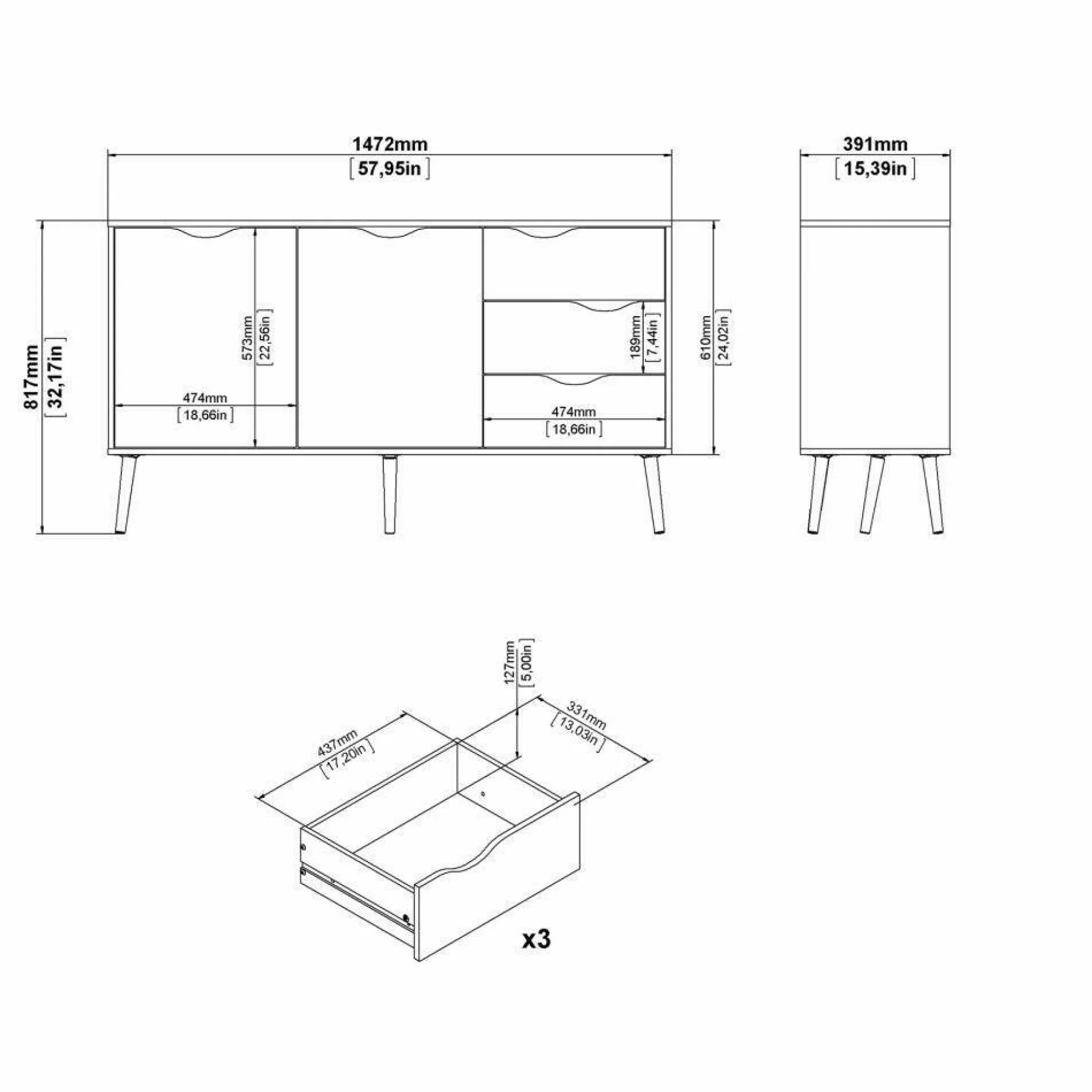 Credenza Animato, 147x39 h81 cm, Bianco e Quercia<Dmora Hot