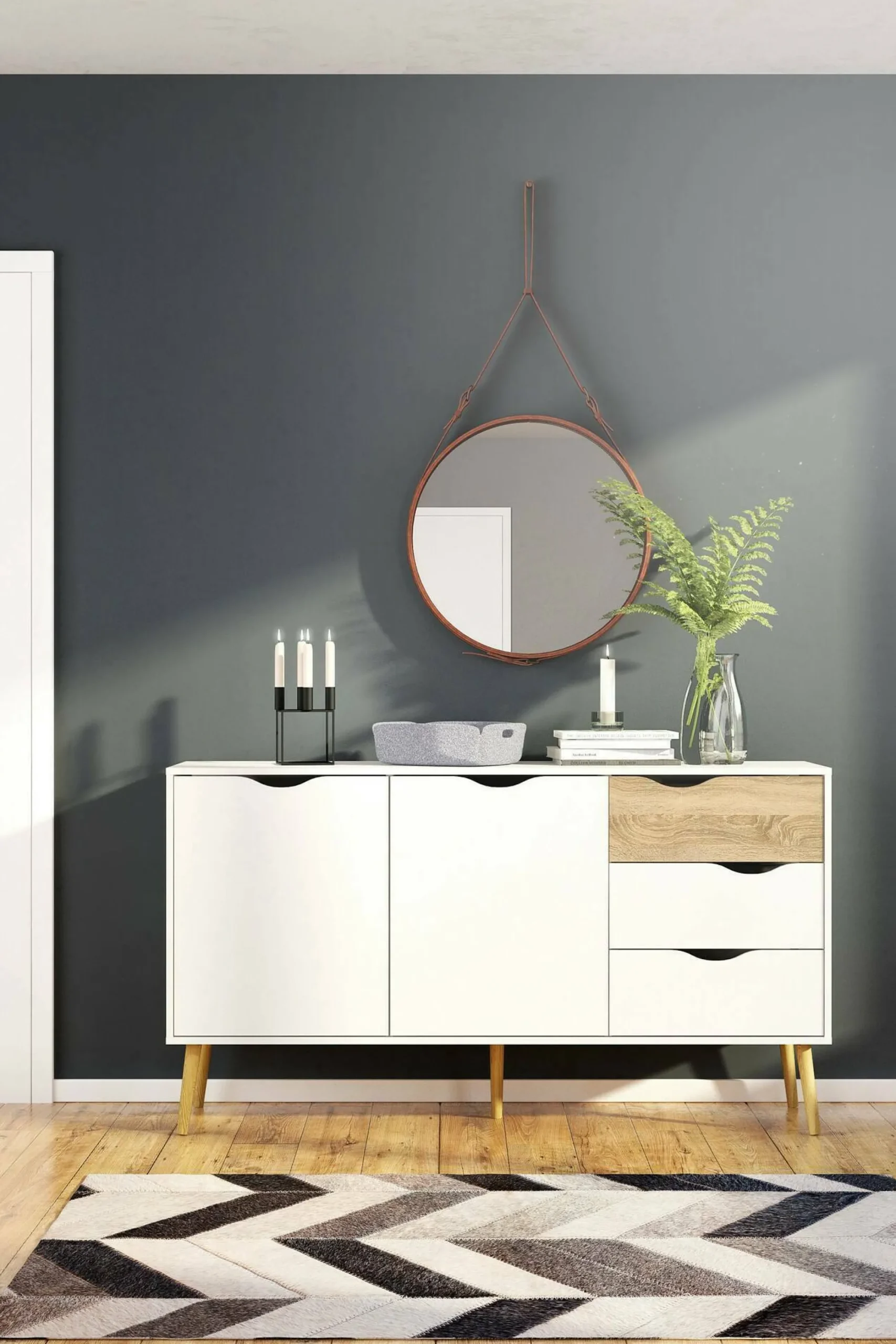 Credenza Animato, 147x39 h81 cm, Bianco e Quercia<Dmora Hot