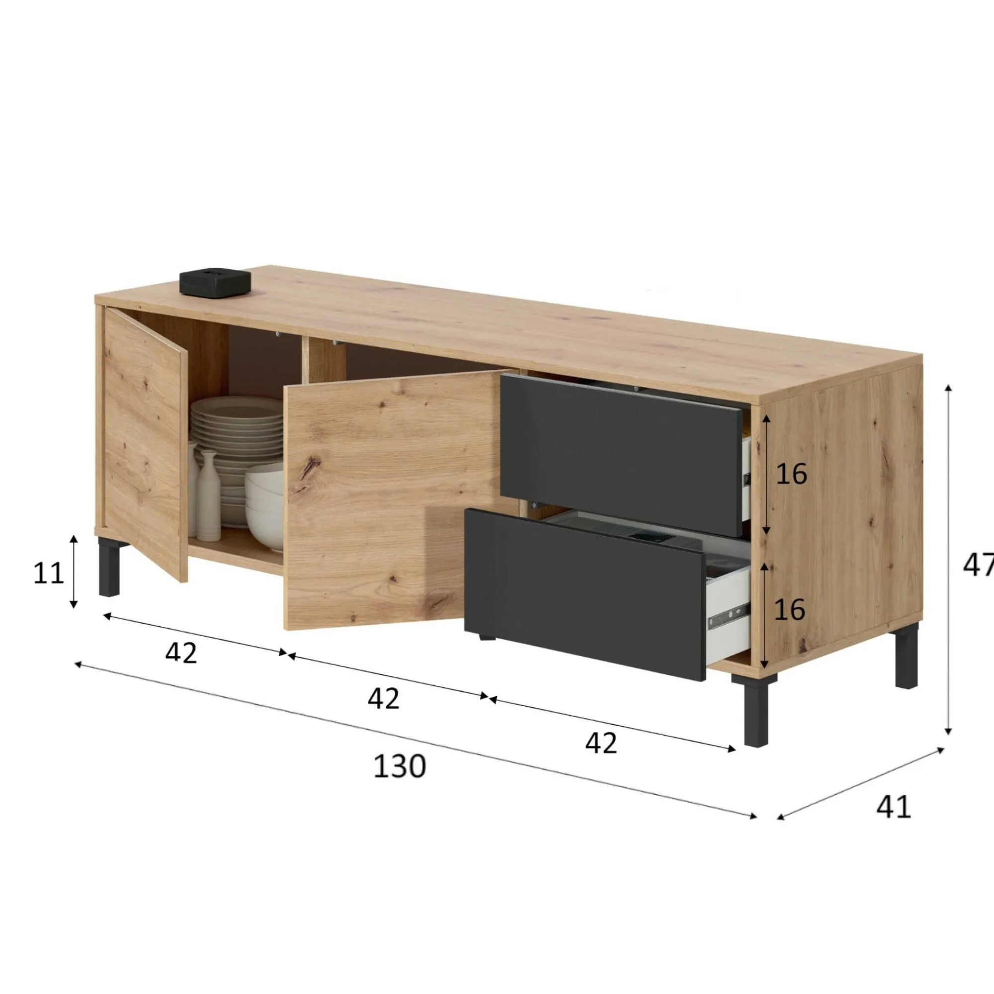 Credenza Anora, 130x41h47 cm, Rovere nodi e Antracite<Dmora Hot
