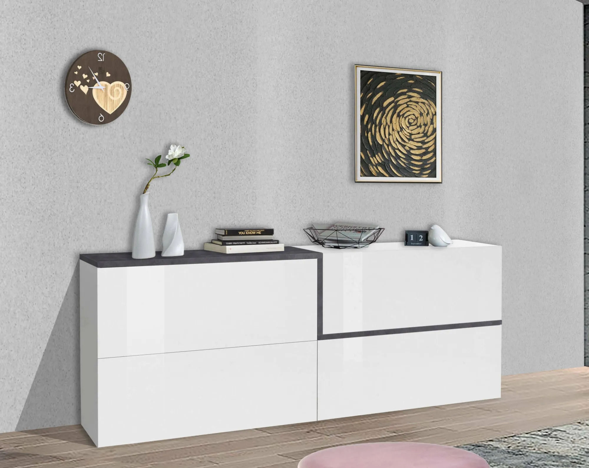 Credenza Anubi, cm 210x40h80, Bianco lucido e Ardesia<Dmora Sale