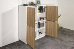 Credenza Ara, cm 100x41h126, Bianco lucido e Noce<Dmora Outlet