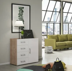 Credenza Aracnida, 90x41h87 cm, Bianco e Rovere<Dmora Fashion