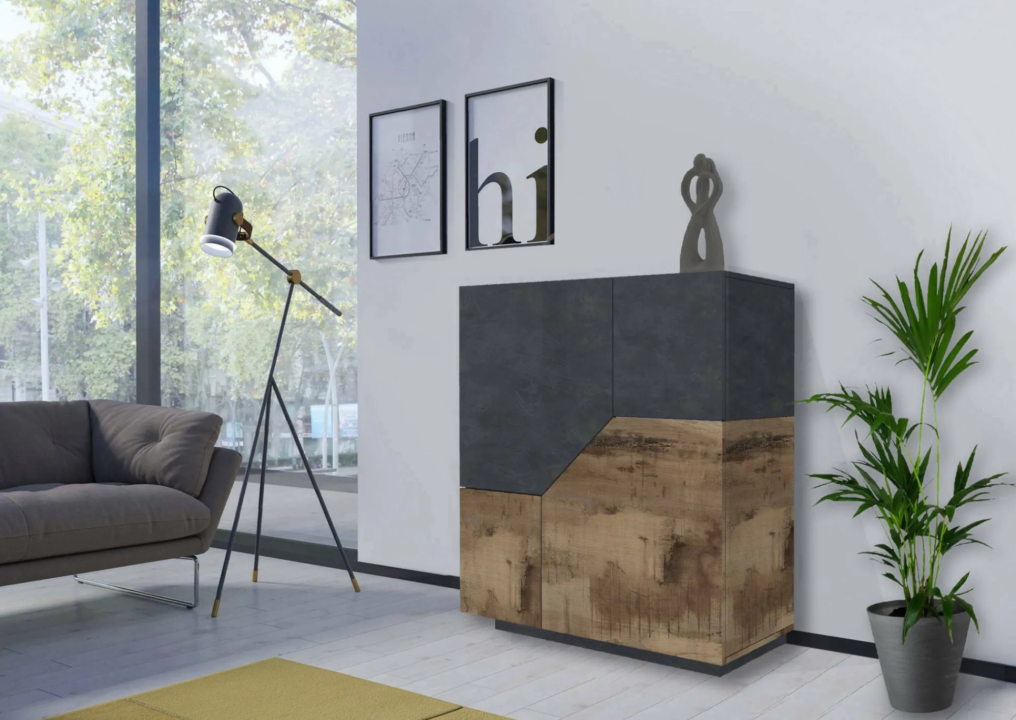 Credenza Arbal, cm 100x43h106, Ardesia e Acero<Dmora Store