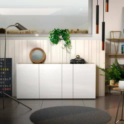 Credenza Arcanda, 203x40h92 cm, Bianco lucido e Rovere<Dmora Online