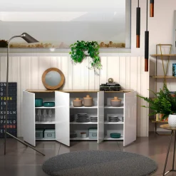 Credenza Arcanda, 203x40h92 cm, Bianco lucido e Rovere<Dmora Online