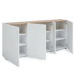 Credenza Arcanda, 203x40h92 cm, Bianco lucido e Rovere<Dmora Online