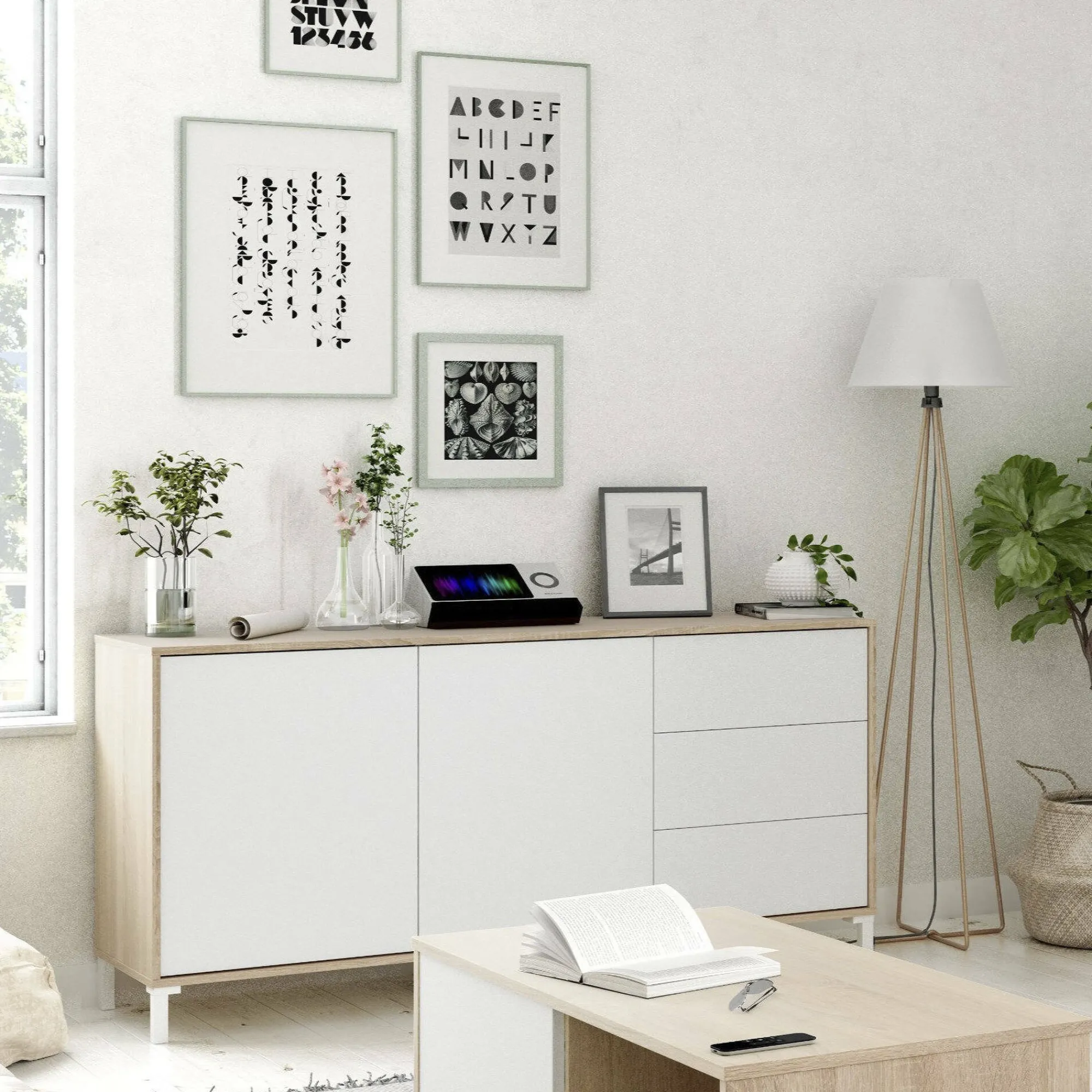 Credenza Ardelia, 154x41h74 cm, Rovere e Bianco<Dmora Fashion