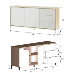 Credenza Ardelia, 154x41h74 cm, Rovere e Bianco<Dmora Fashion