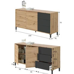 Credenza Ardelia, 154x41h74 cm, Rovere nodi e Antracite<Dmora Outlet