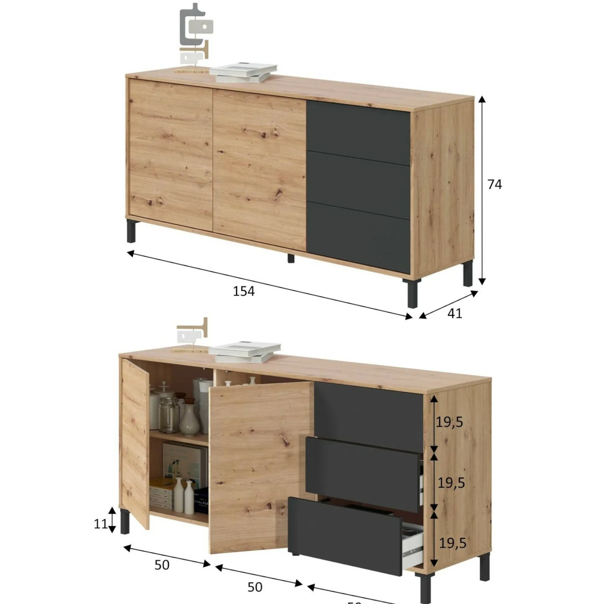 Credenza Ardelia, 154x41h74 cm, Rovere nodi e Antracite<Dmora Outlet