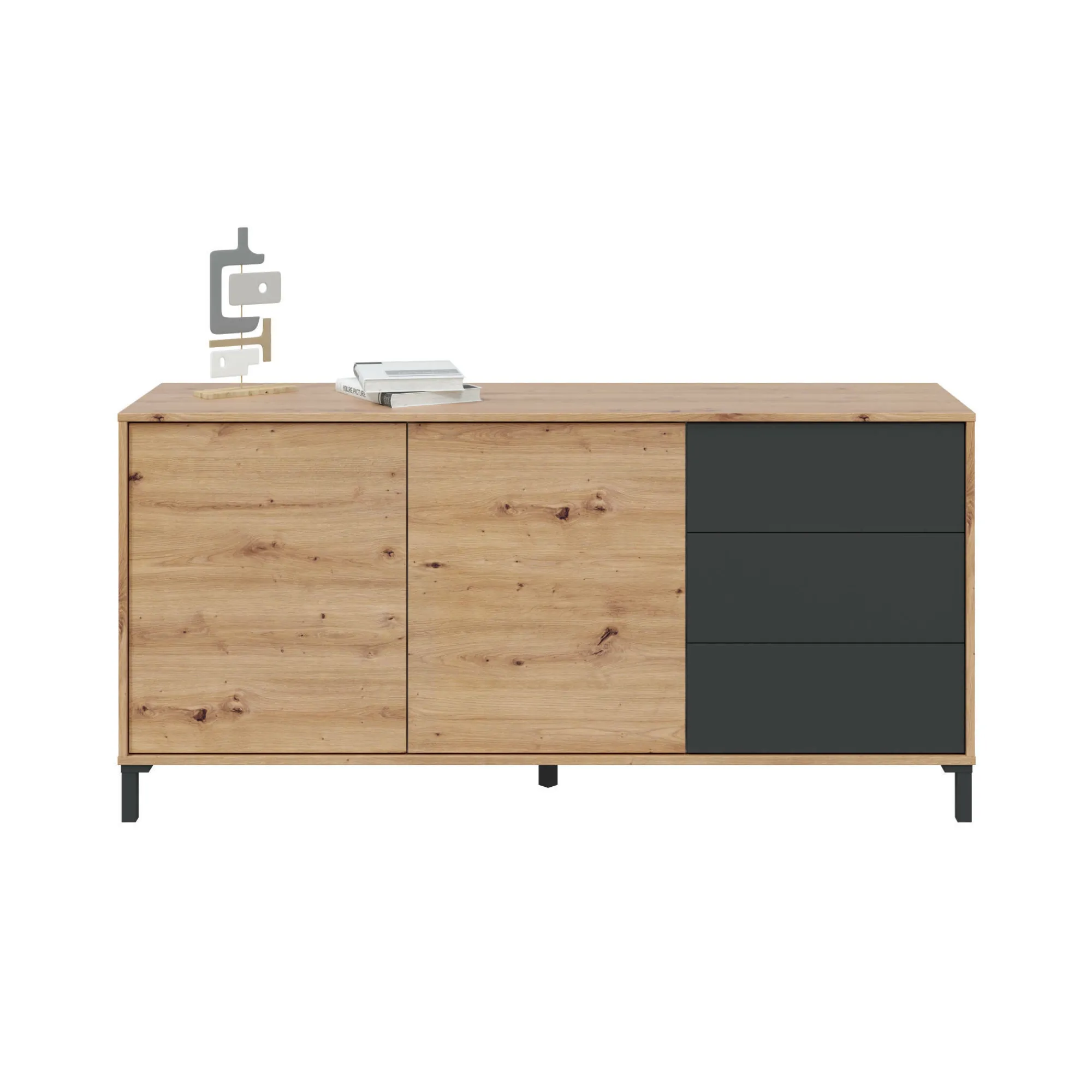 Credenza Ardelia, 154x41h74 cm, Rovere nodi e Antracite<Dmora Outlet
