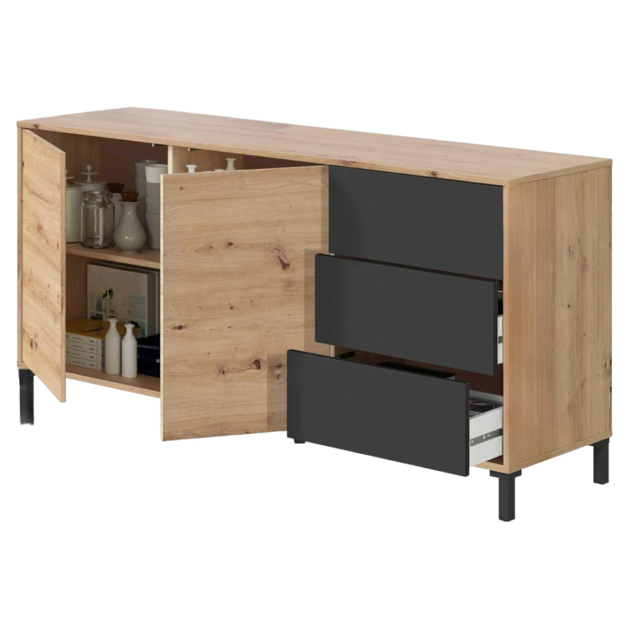 Credenza Ardelia, 154x41h74 cm, Rovere nodi e Antracite<Dmora Outlet